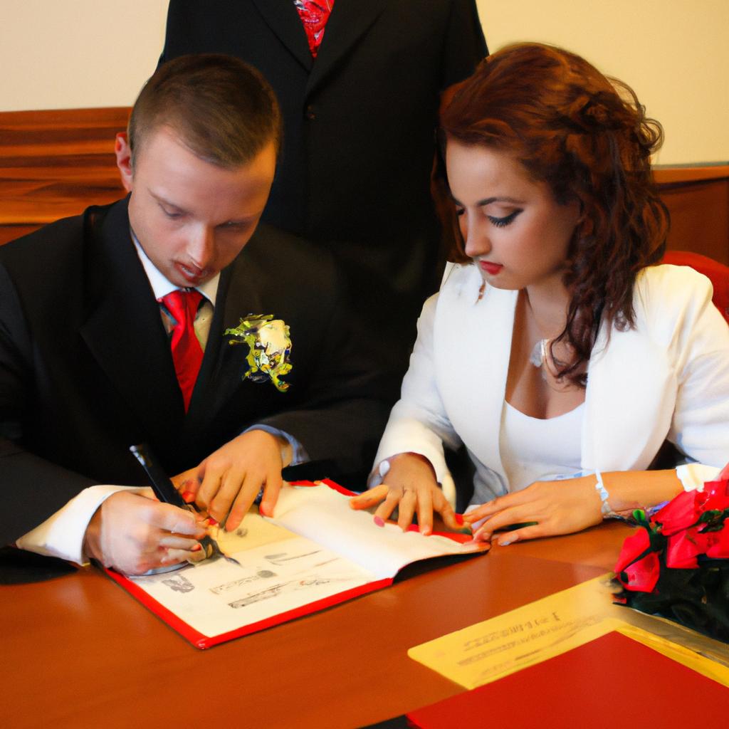 Couple signing marriage license document